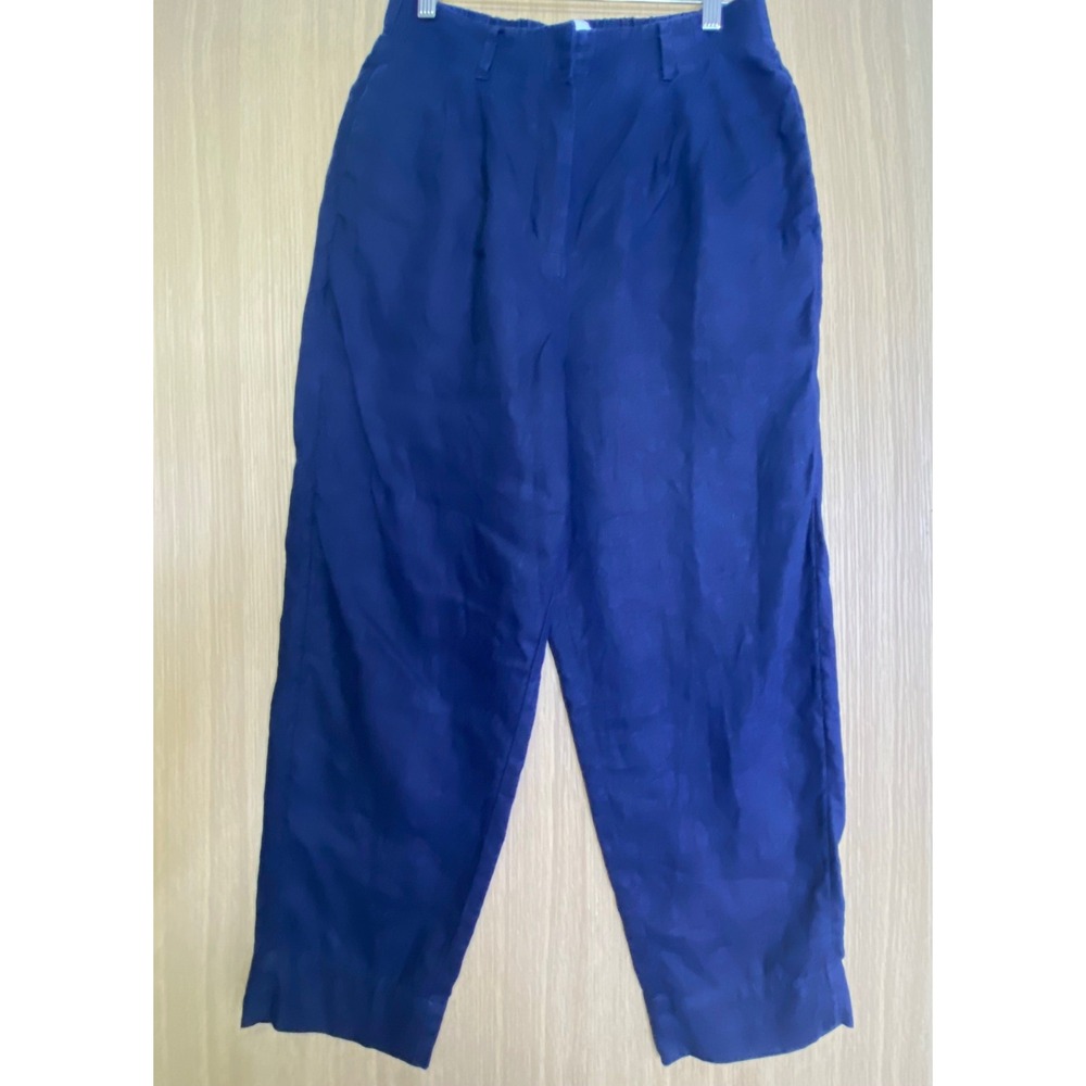 M&S Women US 6 Linen Tapered Pants Navy Blue High Rise Elastic Waist T57 8038